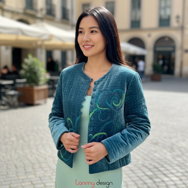 Blue silk-lined velvet quilted coat